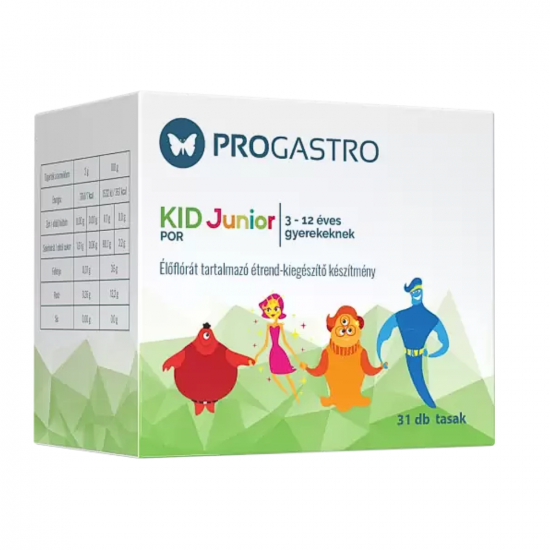 PROGASTRO KID JUNIOR POR 3-12 ÉVES GYEREKEKNEK - ÉLŐFLÓRÁT TARTALMAZÓ ÉTREND-KIEGÉSZÍTŐ KÉSZÍTMÉNY TASAKOKBAN - 31X